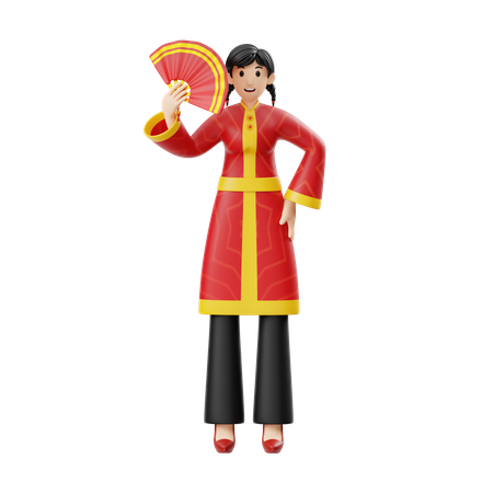 Woman Chinese Fan  3D Illustration