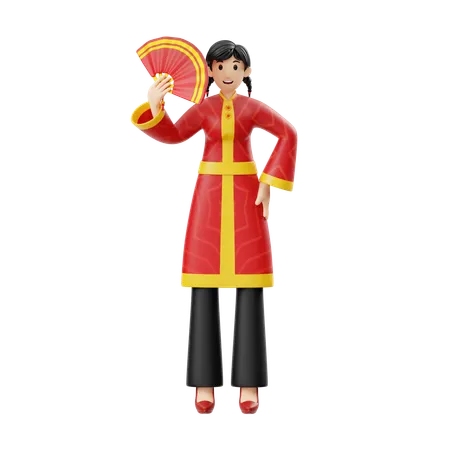 Woman Chinese Fan  3D Illustration