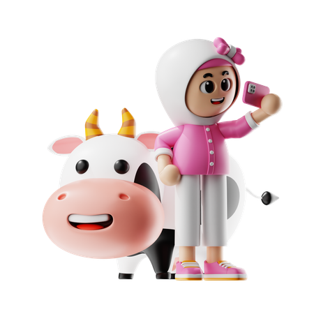 Woman Clicks Selfie With Cow  3D Icon