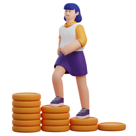 Woman Climbing Coin Stairs  3D Icon