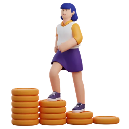 Woman Climbing Coin Stairs  3D Icon
