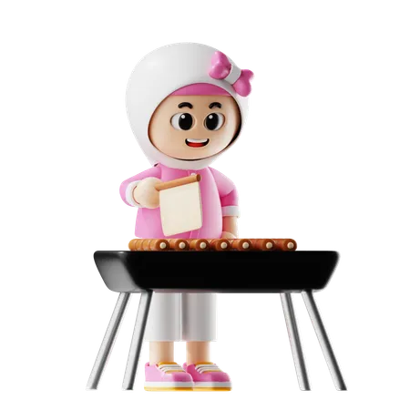 女性がナイフでチキンステーキを切る  3D Illustration