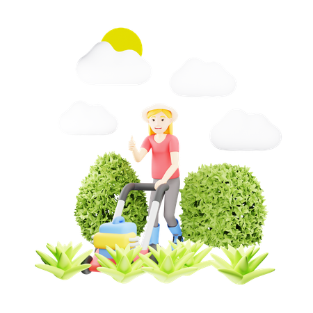 Woman Cutting Grass with Mower  3D Illustration
