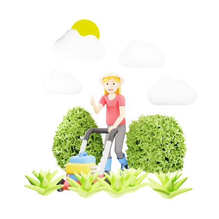 Woman Cutting Grass with Mower  3D Illustration