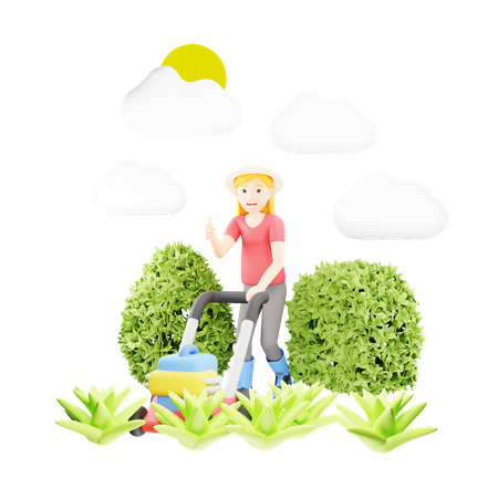 Woman Cutting Grass with Mower  3D Icon