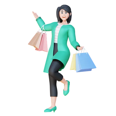 3 D Online Shopping Illustration Set Monica Dancing With Shopping Bag 3D Illustration