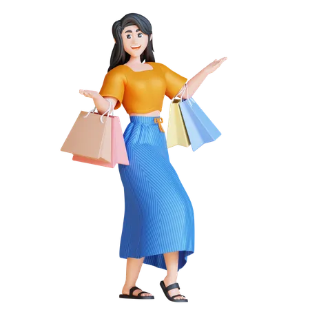 3 D Online Shopping Illustration Set Megan Dancing With Shopping Bag 3D Illustration