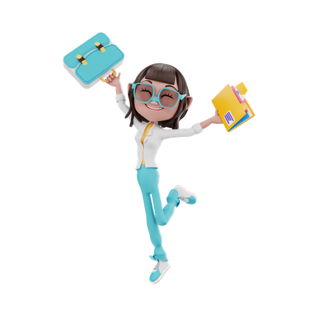 Woman dancing with suitcases and files  3D Illustration