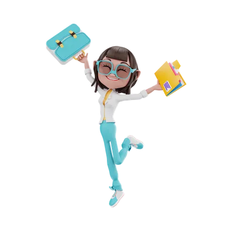 Woman dancing with suitcases and files  3D Illustration