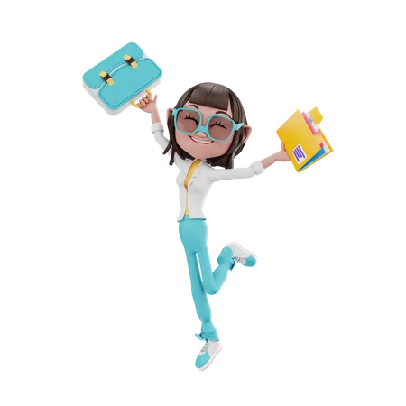 Woman dancing with suitcases and files 3D Illustration