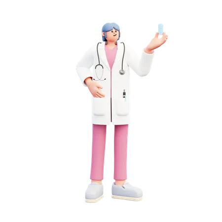 Woman Doctor Holding Pill  3D Illustration