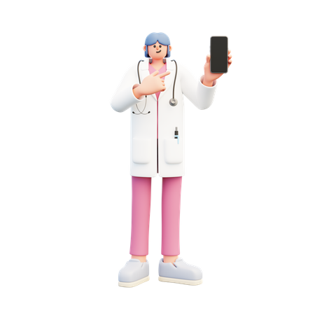 Woman Doctor Holding Smartphone Pointing  3D Icon