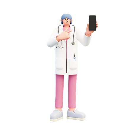 Woman Doctor Holding Smartphone Pointing  3D Illustration