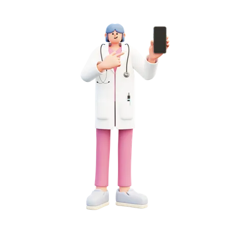 Woman Doctor Holding Smartphone Pointing  3D Illustration