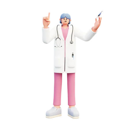 Woman Doctor Holding Syringe And Pointing Up  3D Illustration