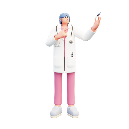 Woman Doctor Holding Syringe Pointing At It  3D Illustration