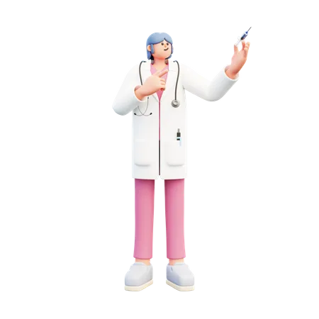 Woman Doctor Holding Syringe Pointing At It  3D Illustration
