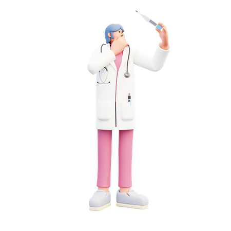 Woman Doctor Looking At Thermometer Deep Thinking  3D Icon