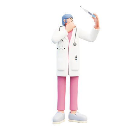 Woman Doctor Looking At Thermometer Deep Thinking  3D Illustration