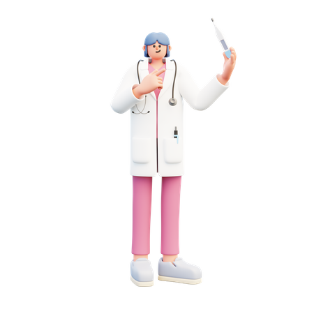 Woman Doctor Pointing At Thermometer  3D Illustration