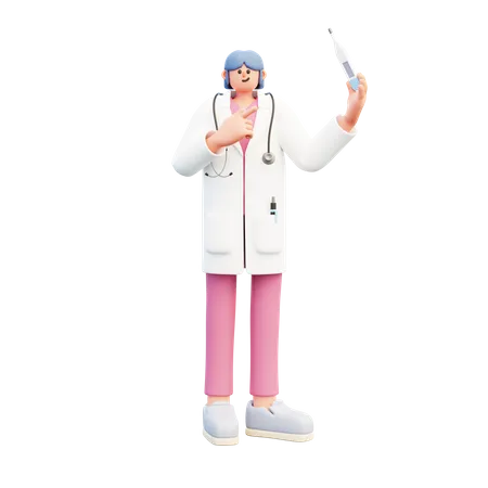 Woman Doctor Pointing At Thermometer  3D Illustration
