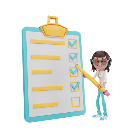 Woman doing approval in checklist 3D Illustration