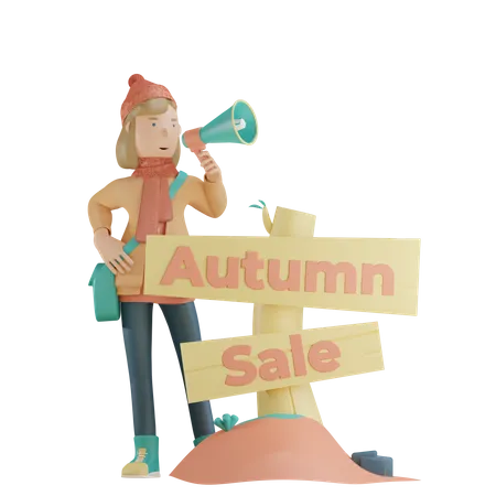 Woman doing Autumn Sale Announcement  3D Illustration