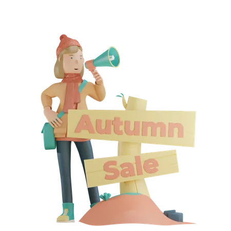 Girl With Megaphone For Autumn Sale 3D Illustration