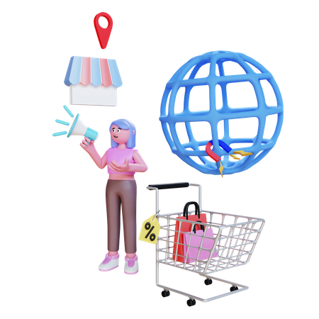 Woman doing digital marketing with megaphone store and cart  3D Illustration