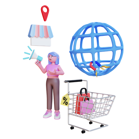 Woman doing digital marketing with megaphone store and cart 3D Illustration