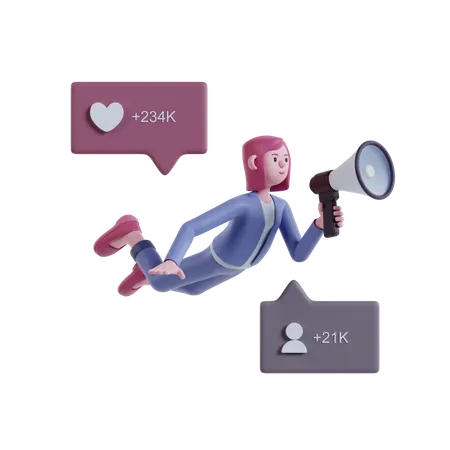 Pink Haired Woman Levitating And Holding Loudspeaker Doing Marketing Campaign 3 D Marketing Illustration 3D Illustration