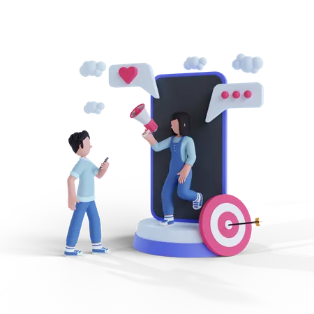 3 D Render Man Woman Holding Megaphone Online Digital Marketing Concept 3D Illustration