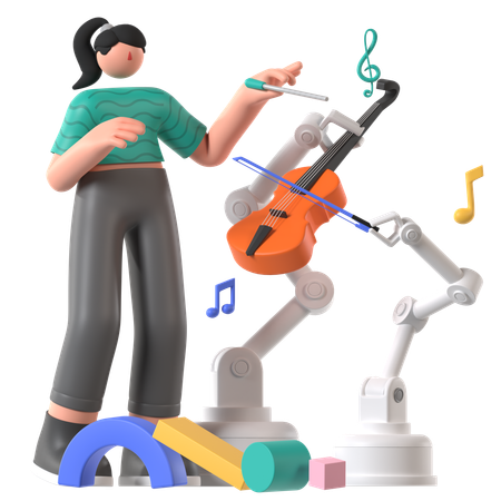 Woman doing Music Generation using robot help  3D Illustration