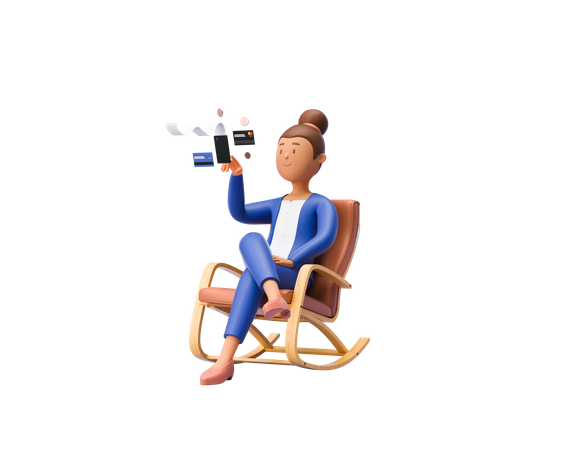 Woman Doing Online Card Payment while seating on chair 3D Illustration