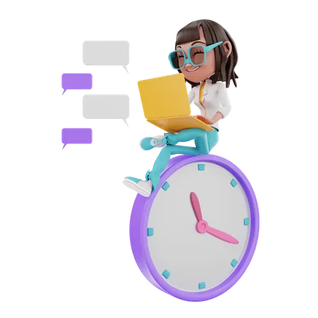 Woman doing online chatting while siting on clock  3D Illustration