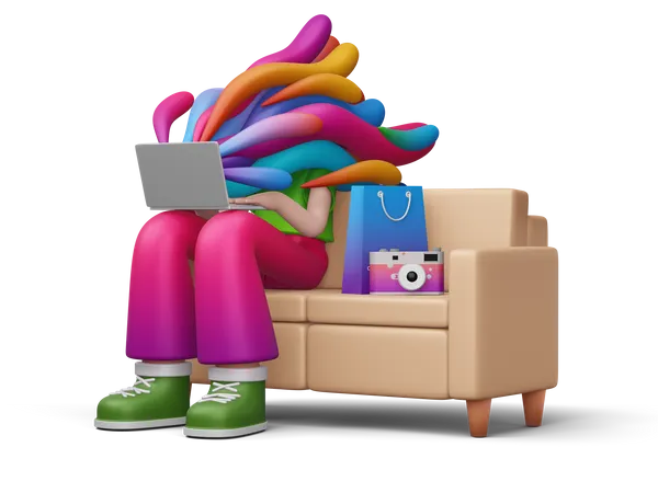 Happy Colorful Human Online Shopping With Colorful Bubble 3 D Illustration 3D Illustration