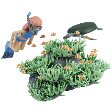 Woman Doing Scuba Diving In Beach  3D Illustration