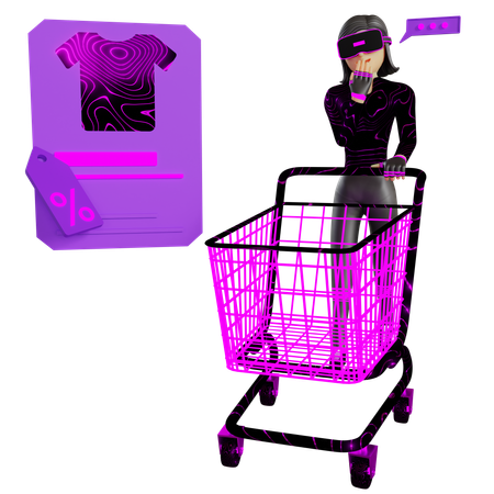 Woman Doing Shopping With Cart On Metaverse  3D Icon
