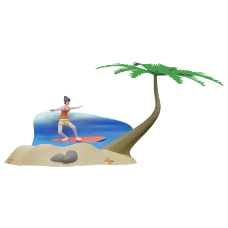 Woman Doing Surfing On Surfboard  3D Illustration