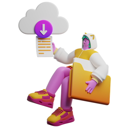 Woman Downloading Files From The Cloud  3D Illustration