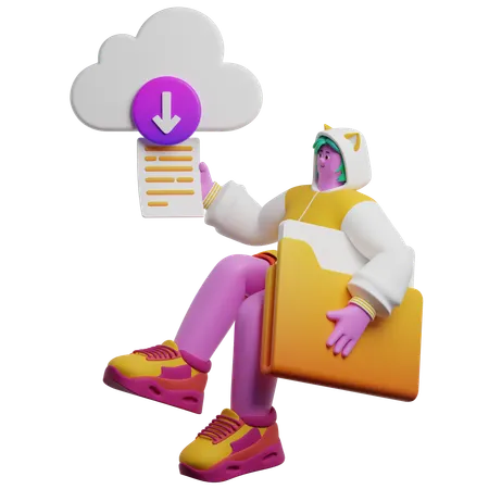 Woman Downloading Files From The Cloud  3D Illustration