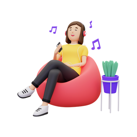 Woman enjoying music while sitting on beanbag  3D Illustration