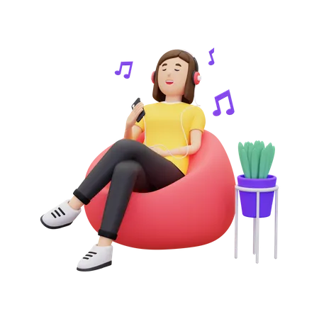 Woman enjoying music while sitting on beanbag  3D Illustration