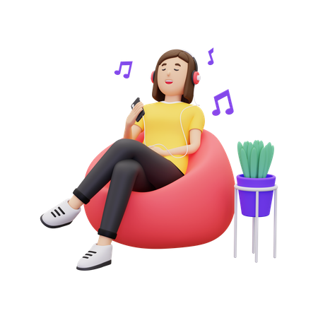 Woman enjoying music while sitting on beanbag 3D Illustration