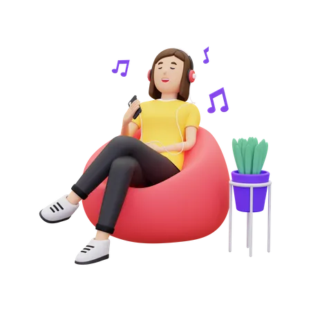 Woman enjoying music while sitting on beanbag 3D Illustration