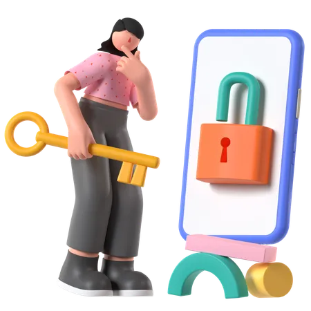 Woman ensures Phone Lock  3D Illustration