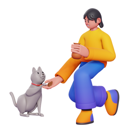 Woman Feeding Cat  3D Illustration