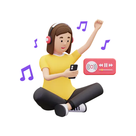 Woman feel happy when listening to music  3D Illustration