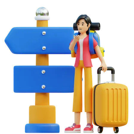 Woman Finding Direction From Direction Board  3D Illustration