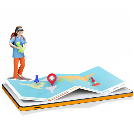 Woman Finding Location On Map  3D Illustration